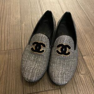 Chanel Black & Silver tweed CC moccasin loafers